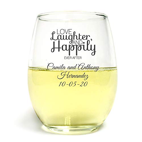 Love Laughter and Happily Ever After 9 Oz Stemless Toasting Glasses, 72 Count, Friend Birthday Gift Personalize with Name and Date, Black Ink, Wedding Favor