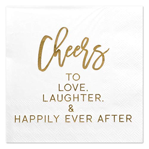 Andaz Press Cheers to Love Laughter Happily Ever After, Funny Quotes Cocktail Napkins, Gold Foil, Bulk 50-Pack Count 3-Ply Disposable Fun Beverage Napkins for Holiday, Christmas, New Year’s Eve Bar