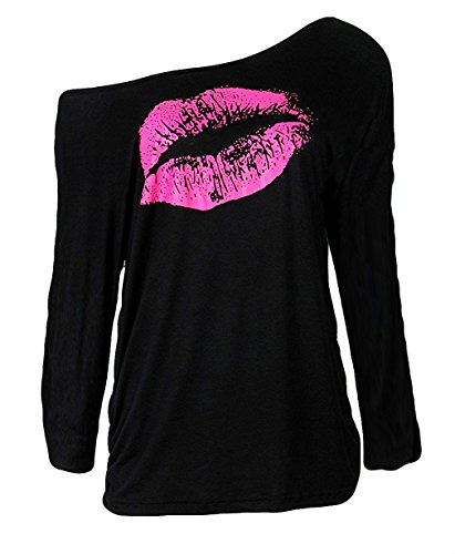 Smile fish Women Casual Oversized Sexy Lips Print Off Shoulder T-Shirt (Long Sleeve Black-Rose,XL) Smile fish Women Casual Oversized Sexy Lips Print Off Shoulder T-Shirt (Long Sleeve Black-Rose,XL)