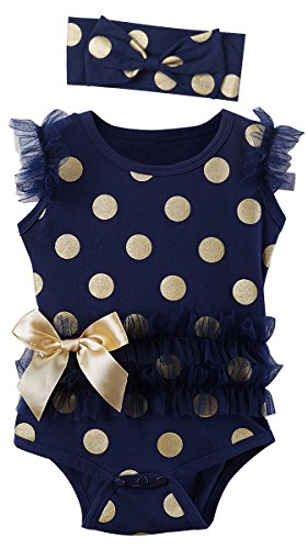 Cosland Infant Baby Girls’ Lace Gold Dots Bodysuit Outfits with Headband (12-18 Months, Dot Dark Blue)