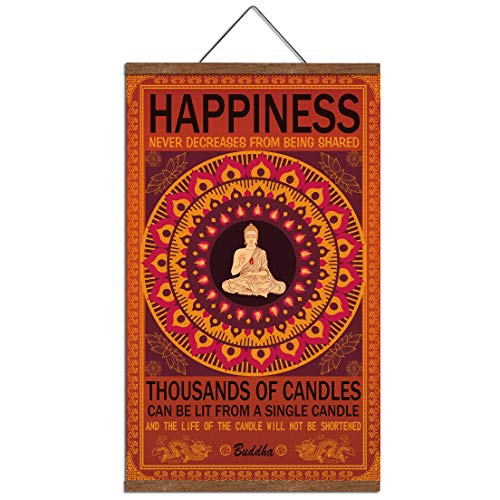 WEROUTE Buddha Wall Art Art Zen Decor Printed on Canvas with Scroll Wood Frame Hanger Poster Happiness Quote Motivational Home Decor Hanging Painting 15.7 x 27 inch