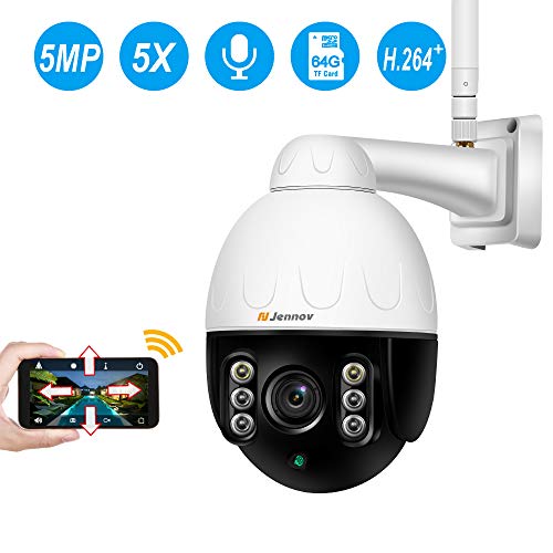 Jennov Wireless WiFi Security Camera IP PTZ Camera Outdoor Waterproof HD 2560×1920 Home CCTV Surveillance Pan/Tilt 5X Optical Zoom Two-Way Audio Motion Detection Siren Alarm with 64G Mirco SD Card