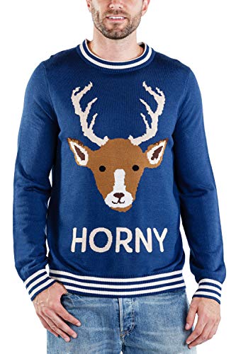 Men’s Horny As Buck Sweater – Funny Reindeer Christmas Sweater for Guys: L Navy Blue