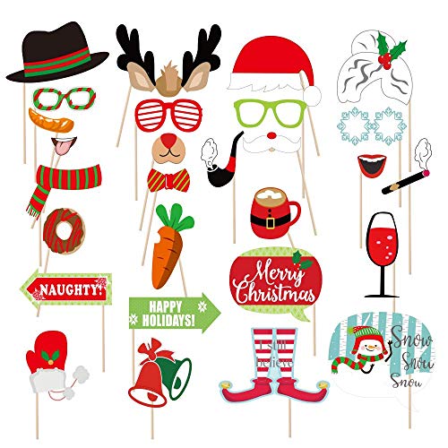 Christmas Photo Booth Props NO DIY, Beyondtrade 28 Pcs Kits Funny Xmas Selfie Props Accessories for Adults Kids for Christmas Theme Party Favors Decorations Decor Supplies