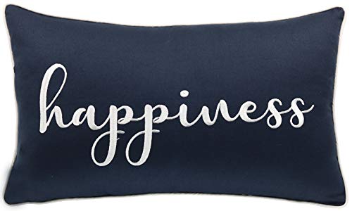 YugTex Pillowcases Embroidered Happiness Pillow Farmhouse Pillow Thow Pillow Cover,Quote Scatter Cushion Cover,Home Pillow,Birthday Gift,Home Decor, 12″x20″, happ(Navy) Whit