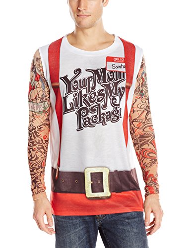 Faux Real Men’s 3D Photo-Realistic Ugly Christmas Tattoo Sweater Long Sleeve T-Shirt, Tattoo & Suspender Xmas, X-Large