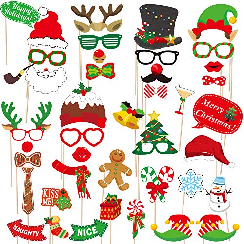 dizaul 2019 Christmas Photo Booth Props – 42 Pack DIY Xmas Photography Decorations – Funny Selfie and Photo Prop Pack for Christmas and New Year Party – Winter Holidays Supplies for Kids and Adults