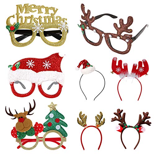 BLUBOON Christmas Headbands Glasses Frames 8 Pack Funny Photo Booth Props Holiday Party Favors Hats Set for Kids Adults