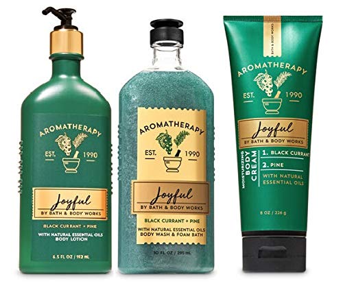 BATH AND BODY WORKS Aromatherapy – JOYFUL – BLACK CURRANT AND PINE Trio Gift Set Body Cream – Body Wash & Foam Bath and Body Lotion – Full Size