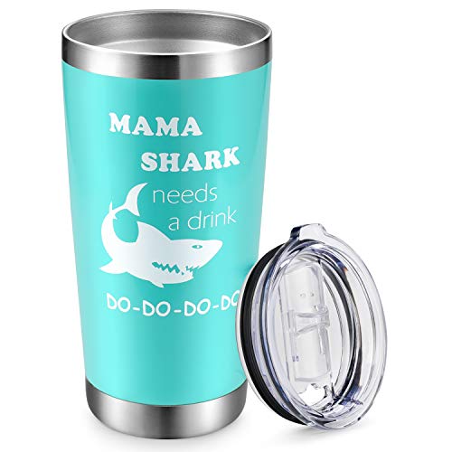 Domila Gifts for Mom Wine Tumbler 20 oz with Funny Saying Mama Shark Needs a Drink Stainless Steel Wine Tumbler Coffee Mug Cup Mother’s Day Gifts Mommy Birthday Party for Mother Wife Friends