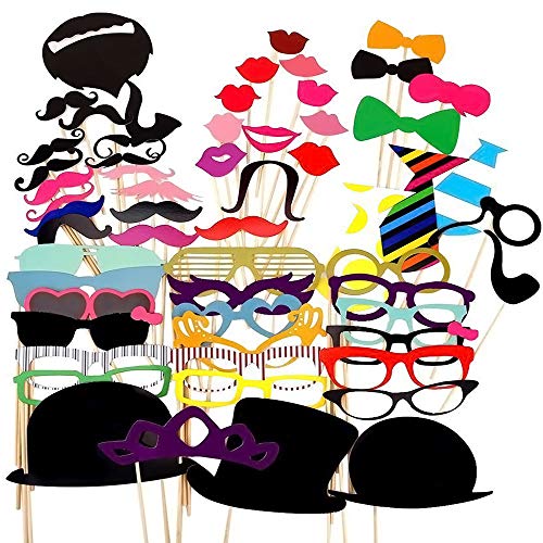 Party Props for Photo Booth Birthday Wedding Kids Adult Prom 58 Pcs, DIY Funny Skywoo Costumes with Mustache on a stick, Hats, Glasses, Mouth, Bowler, Bowties