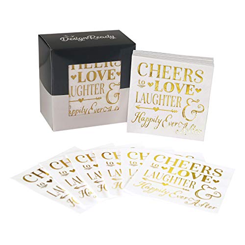 DesignReady Gold Foil Cocktail Napkins, Cheers To Love Laughter and Happily Ever After (100-Pack) | 3-Ply, 5×5 Inches