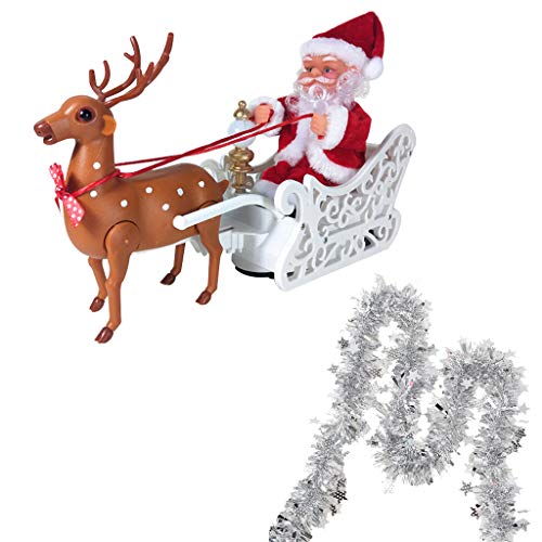 Iusun Tabletop Christmas Decoration Electric Elk Pulling Santa Claus Figurine Holiday Xmas Happy New Year Ornaments Present Bedroom Desk (A)