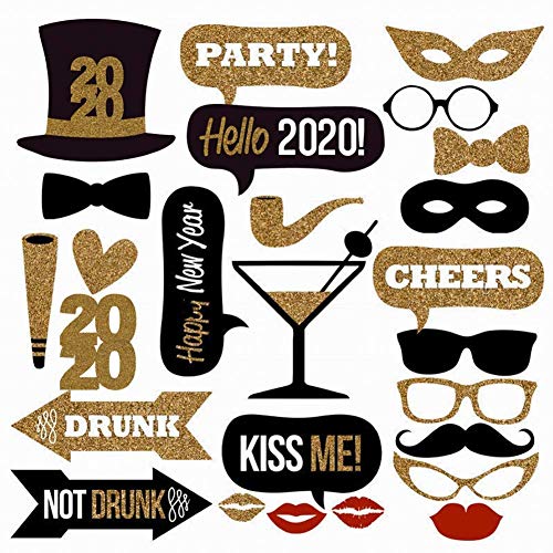 Nenluny 2020 New Year’s Eve Party Photo Booth Props Golden Glitter Funny New Year Party Props Kit for New Years Eve Party Decoration Supplies, Pack of 26