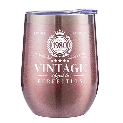 1980 40th Birthday Gifts for Women – 12 oz Stainless Steel Wine Glass Tumbler with Lid – 40th Party Decorations Supplies – Funny 40th Birthday Gift Ideas for Her, Wife, Mom, Best Friends