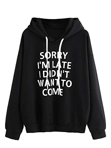 SweatyRocks Sweatshirt Women’s Pullover Sweatshirt Letter Print Hoodie Black #8 L
