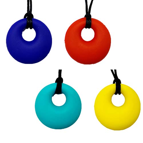 Joyous Journey 4 Pack Sensory Silicone Chewing Necklace for Adult & Kids, Round Shape Durable Oral Teether Jewelry Motor Assistant for Autism, ADHD, Soft Nursing Teething Pendants