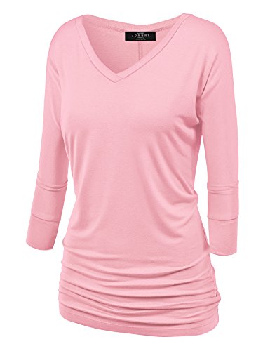 Made By Johnny WT1036 Womens V Neck 3/4 Sleeve Dolman Top with Side Shirring M Pink