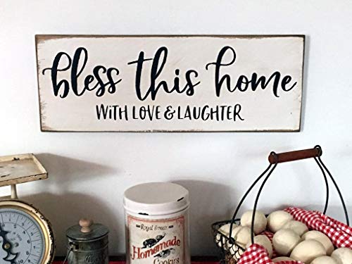 Bless This Home with Love & Laughter Vintage Wood Sign Rustic Wooden Signs Wood Block Plaque Wall Decor Art Home Decoration – 6×20 inch