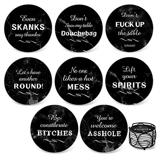 Teivio 8 Piece Coaster for Drinks Absorbing Stone Coasters Set Cork Base, Metal Holder, Marble Funny Style, Birthday Housewarming Gifts, Apartment Kitchen Room Bar Décor (Black)