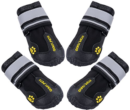 QUMY Dog Boots Waterproof Shoes for Large Dogs with Reflective Velcro Rugged Anti-Slip Sole 4PCS