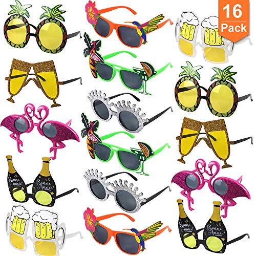 POKONBOY Luau Party Sunglasses, 16 Pairs Novelty Fun Sunglasses Photo Booth Props Funny Hawaiian Glasses, Tropical Fancy Dress Favors, Novelty Party Supplies Decoration for Kids and Adults