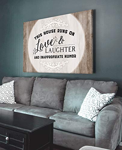 Sense Of Art | This House Runs on Love and Laughter Quote | Wood Framed Canvas | Ready to Hang Family Wall Art for Home and Kitchen Decoration