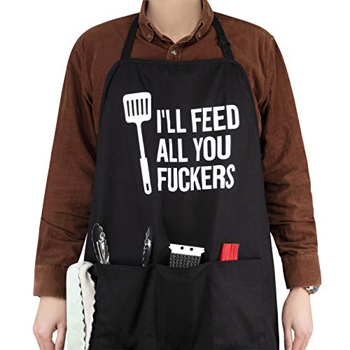 Funny Apron for Women Men Adjustable Neck Strap 3 Pockets Long Ties Water Resistant Bib Apron with 3 Pockets, BBQ Kitchen Cooking Apron