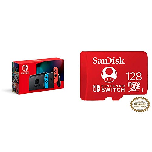Nintendo Switch with Neon Blue and Neon Red Joy‑Con – HAC-001(-01) + SanDisk 128GB MicroSDXC UHS-I Card