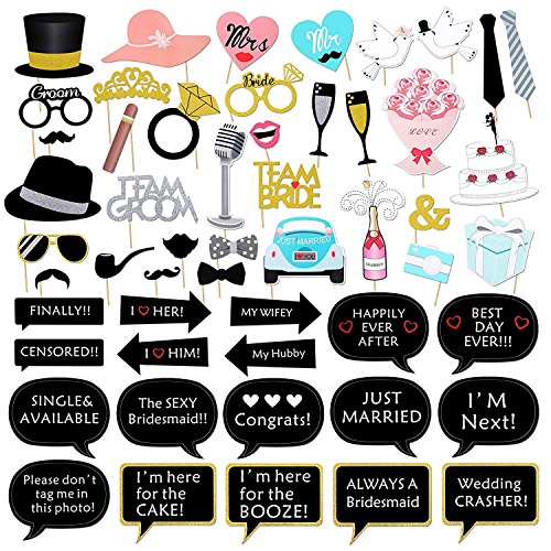 Simuer Wedding Photobooth Props Kit, Engagement Photo Booth Accessories with Wooden Dowels for Bridal Shower Wedding Favour Party Decorations Funny Selfie Props (52 PCS)