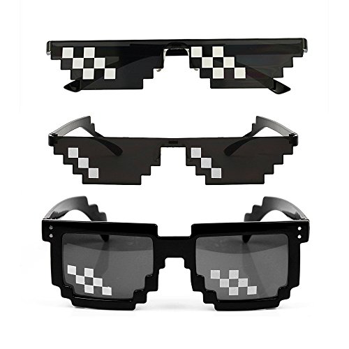 YSSHUI [3 Pack] Thug Life Sunglasses, Men Women Glass 8 Bit Pixel Mosaic Glasses Photo Props Unisex Sunglass Toy – Black