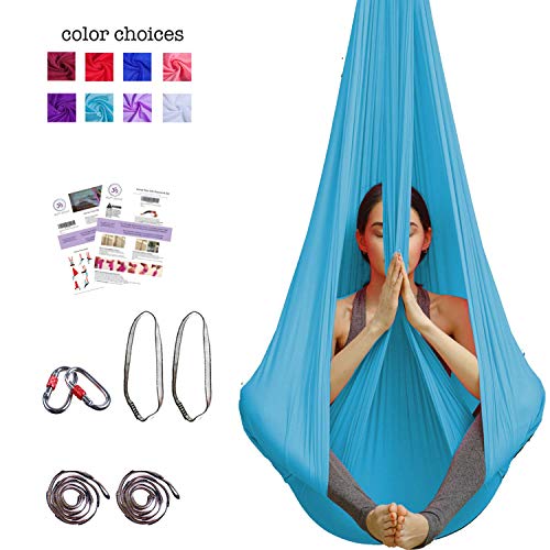 Aerial Yoga Hammock – Premium Aerial Silk Yoga Swing for Antigravity Yoga, Inversion Exercises, Improved Flexibility & Core Strength – Extension Straps, Carabiners and Pose Guide Included (Sky Blue)