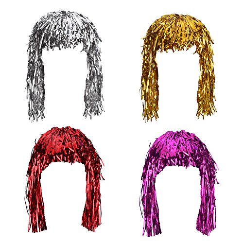 Sumind 4 Pieces Foil Tinsel Wigs Fancy Dress Shiny Party Wig Metallic Costume Cosplay Supplies (Gold, Silver, Red and Pink) Sumind 4 Pieces Foil Tinsel Wigs Fancy Dress Shiny Party Wig Metallic Costume Cosplay Supplies (Gold, Silver, Red and Pink)